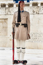 Greece, Attica, Athens, Greek soldier, an Evzone, on sentry duty outside the Parliament building.