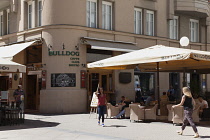 Croatia, Zagreb, Old town, CAfe outdoor seating on Frana Petrica street.