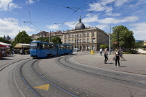 Croatia, Zagreb, Old town, Trams outside glavni kolodvor main train station.