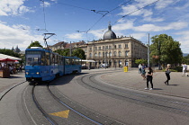 Croatia, Zagreb, Old town, Trams outside glavni kolodvor main train station.