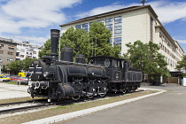 Croatia, Zagreb, Old town, Steam engine outside the Glavni kolodvor main railway station.