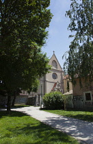 Croatia, Zagreb, Old Town, St Francis church seen from Park Opatovina.