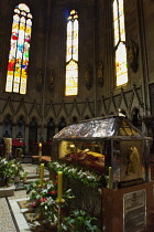 Croatia, Zagreb, Old town, Catholic cathedral interior with glass coffin tomb of Archbisop Aloysius Stepinac.