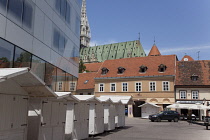 Croatia, Zagreb, Old town, Wooden chalets set up for market.