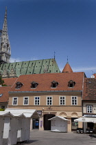 Croatia, Zagreb, Old town, Wooden chalets set up for market.