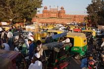 India, Delhi, Traffic congestion in front of the Red Fort in Delhi.