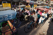 India, Delhi, Rickshaws on Chandni Chowk in Delhi old city.