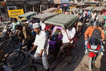 India, Delhi, Congested rickshaws and traffiic in Chandni Chowk in Delhi old city.