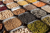 India, Delhi, Lentils and pulses on display in the spice market of Old Delhi.