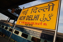 India, Delhi, Sign on the platform at New Delhi Railway Station.