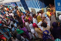 India, Haryana, Rohtak, Passengers board a train at Rohtak railway station.