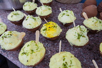 India, Uttar Pradesh, Varanasi, Pots of lassi for sale.