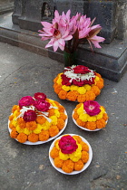 India, Bihar, Bodhgaya, Floral offering left by a pilgrim at the Mahabodhi Temple.