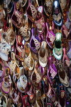 India, Telengana, Hyderabad, Display of sandals at a stall in the bazaar on Charminar Road.