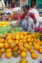 India, Telengana, Secunderabad, Vendorat the vegetable market in Secunderabad.
