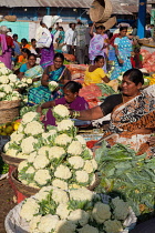 India, Telengana, Secunderabad, Cauliflower vendor at the vegetable market in Secunderabad.