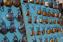 India, Andhra Pradesh, Armoor, Display of locks and keys for sale in Armoor.