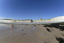 England, East Sussex, Birling Gap, View along pebble beach with the Seven Sisters white chalk cliffs.