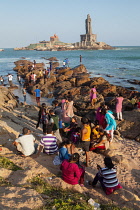 India, Tamil Nadu, Kanniyakumari, Cape Comorin, Thiruvalluvar Statue and Vivekananda Rock Memorial at Kanyakumari, Cape Comorin, .