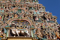 India, Tamil Nadu, Madurai, Detail of the west tower gopuram at the Sri Meenakshi Temple in Madurai.