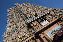 India, Tamil Nadu, Madurai, The west tower gopuram at the Sri Meenakshi Temple in Madurai.