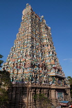 India, Tamil Nadu, Madurai, The south tower gopuram of the Sri Meenakshi Temple in Madurai.