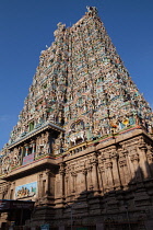 India, Tamil Nadu, Madurai, The west tower gopuram of the Sri Meenakshi Temple in Madurai.