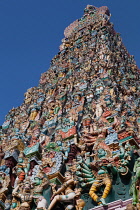 India, Tamil Nadu, Madurai, The south tower gopuram of the Sri Meenakshi Temple in Madurai.