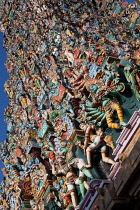 India, Tamil Nadu, Madurai, The south tower gopuram of the Sri Meenakshi Temple in Madurai.
