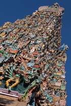 India, Tamil Nadu, Madurai, The south tower gopuram of the Sri Meenakshi Temple in Madurai.