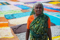 India, Tamil Nadu, Madurai, Portrait of a dhobi wallah in front of a carpet of laundered saris that have been spread out to dry in the sun.