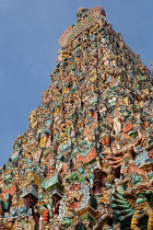 India, Tamil Nadu, Madurai, The south tower gopuram of the Sri Meenakshi Temple in Madurai.