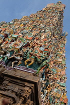 India, Tamil Nadu, Madurai, The south tower gopuram of the Sri Meenakshi Temple in Madurai.