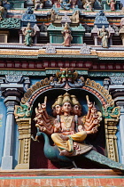India, Tamil Nadu, Madurai, Detail of the north gopuram of the Sri Meenakshi Temple in Madurai.