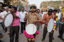 India, Karnataka, Hospet, Drummers at a political rally in Hospet.