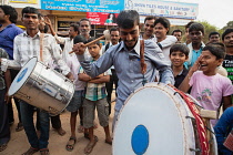 India, Karnataka, Hospet, Drummers at a political rally in Hospet.