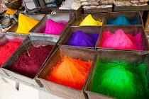 India, Karnataka, Hassan, Display of paint powder in the bazaar at Hassan.