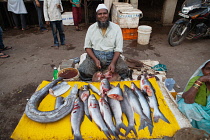 India, Maharashtra, Dhule, Muslim fishmonger in the market at Dhule.