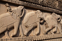 India, Madhya Pradesh, Maheshwar, Relief carvings of elephants at the Ahilya Fort in Maheshwar.