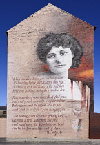Ireland, County Sligo, Sligo, Wall mural of Maud Gonne with poem by W B yeats titled When you are old.