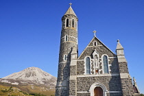 Ireland,County Donegal, Dunlewey,Church of the Sacred Heart with Mount Errigal in the background.