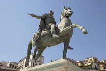 Italy, Campania, Naples, Equestrian statue in Piazza Del Plebiscito.