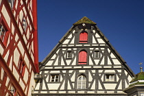 Germany, Bavaria, Rothenburg ob der Tauber, Shapes and Patterns on half timbered houses in Marktplatz.