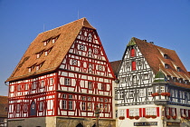 Germany, Bavaria, Rothenburg ob der Tauber, Shapes and Patterns on half timbered houses in Marktplatz.