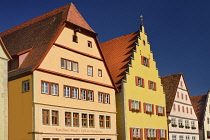 Germany, Bavaria, Rothenburg ob der Tauber, Colourful buildings in Marktplatz.