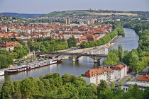 Germany, Bavaria, Wurzburg, View eastwards from Festung Marienburg fortress over the River Main with cruise boats.