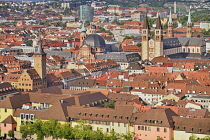 Germany, Bavaria, Wurzburg, View from the Festung Marienberg Fortress showing the  Alstadt or Old Town with the Town Hall Neumunster and Cathedral of St Kilian prominent.