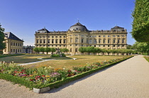 Germany, Bavaria, Wurzburg, Wurzburg Residenz or Residence Palace, Hofgarten or Court Garden, View from the South Garden including sculpture titled The Rape of Europa.