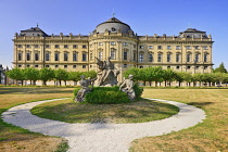 Germany, Bavaria, Wurzburg, Wurzburg Residenz or Residence Palace, Hofgarten or Court Garden, View from the South Garden including sculpture titled The Rape of Europa.
