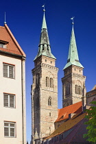 Germany, Bavaria, Nuremberg, 13th century Sebalduskirche or St Sebaldus Church, Rear view of its towers.